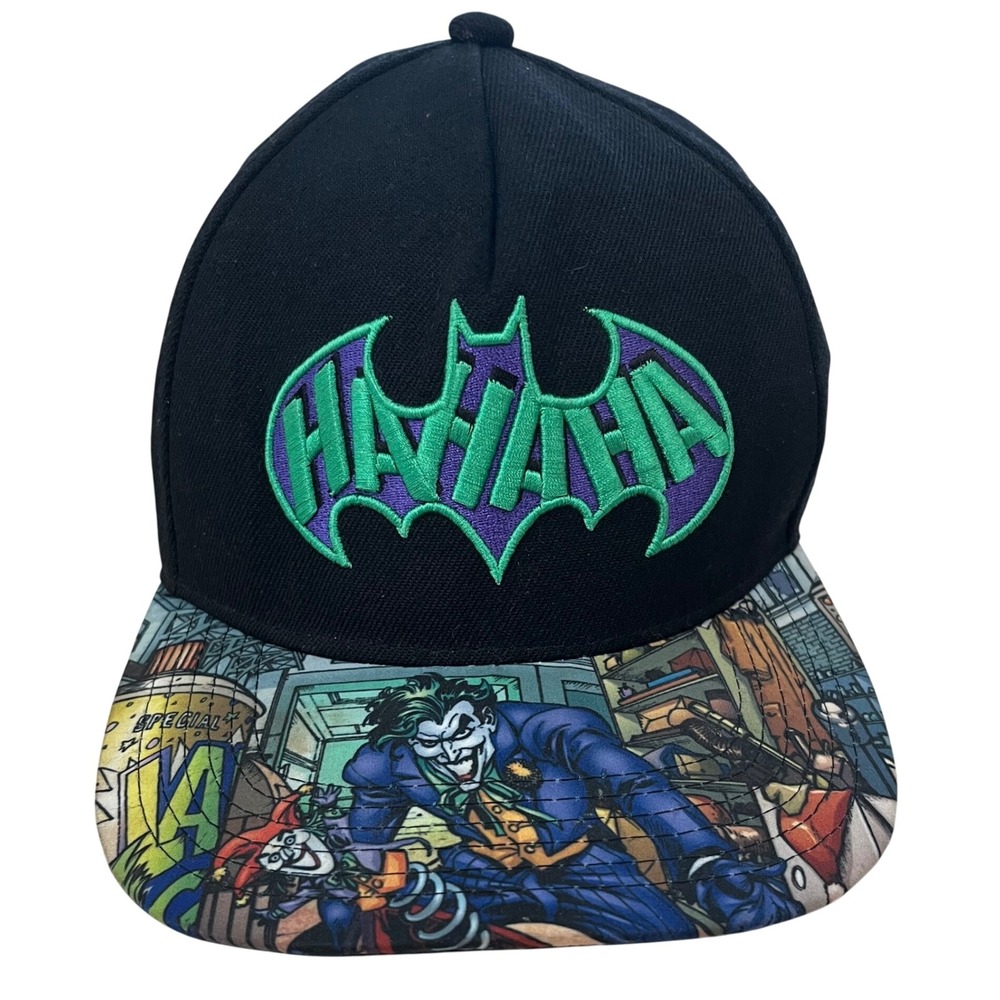 DC Comics Mens Snapback Hat OSFM Black Joker HAHAHA Batman Logo Flat Brim Cap